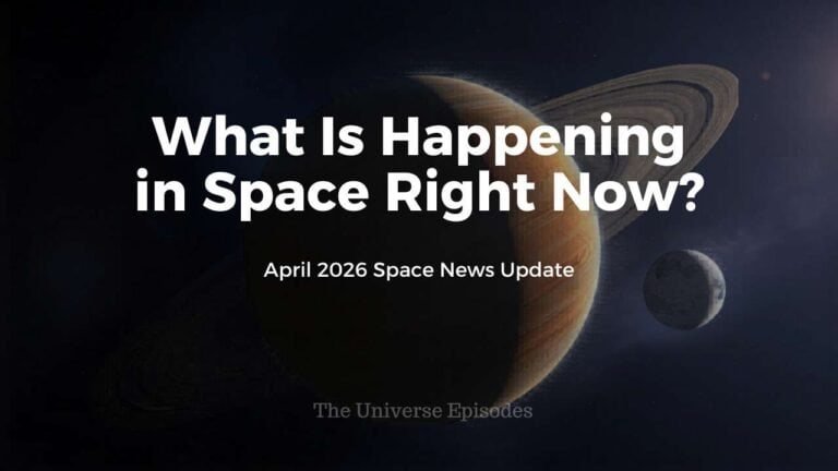 Image with Saturn and a moon in the background, overlaid with the text: "What Is Happening in Space Right Now? April 2026 Space News Update." Experience the latest discoveries shaping our view of space.