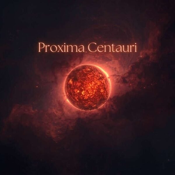 A glowing red planet or star appears in space with the label "Proxima Centauri" above it, surrounded by dark clouds and orange light—representing the closest star to Earth after our Sun.