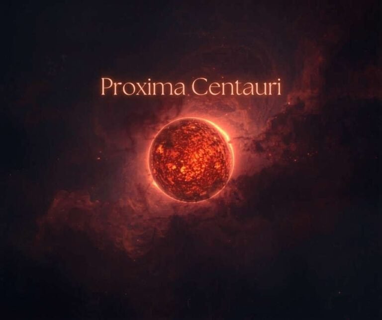 A glowing red planet or star appears in space with the label "Proxima Centauri" above it, surrounded by dark clouds and orange light—representing the closest star to Earth after our Sun.