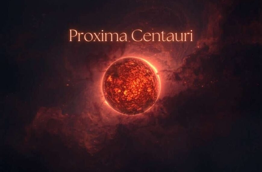 A glowing red planet or star appears in space with the label "Proxima Centauri" above it, surrounded by dark clouds and orange light—representing the closest star to Earth after our Sun.