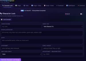 A web interface for an AI prompt generator, featuring fields for character name, description, outfit, accessories, target tool, scene, and a "Generate Character Lock Prompt" button.