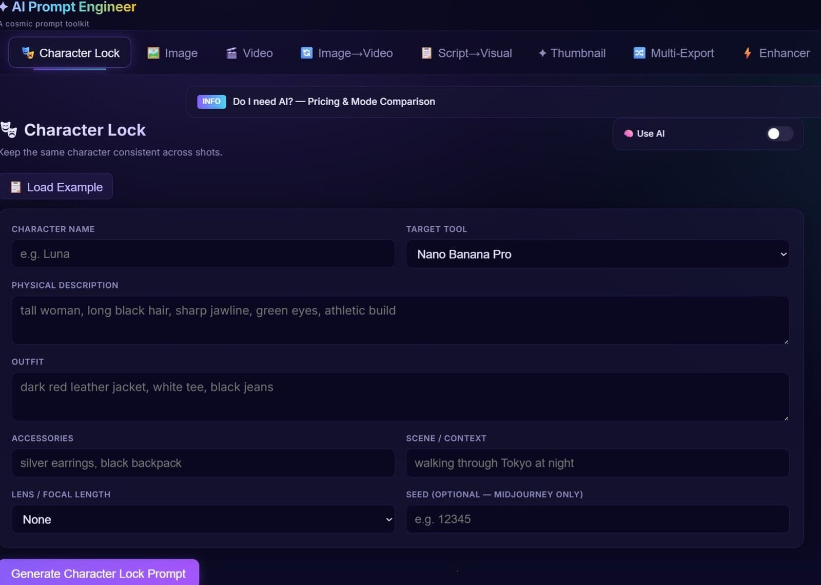 A web interface for an AI prompt generator, featuring fields for character name, description, outfit, accessories, target tool, scene, and a "Generate Character Lock Prompt" button.