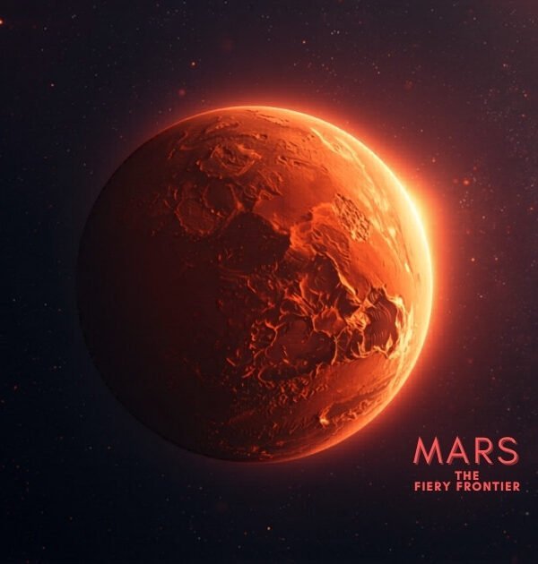 Mars red planet glowing in deep space with dust storms