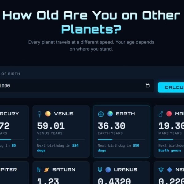 Screenshot of a website featuring a planet age calculator, displaying age comparison and days to next birthday for each planet—including your precise age on Neptune.