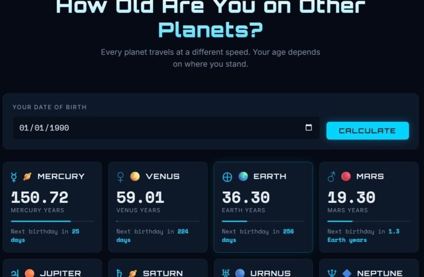Screenshot of a website featuring a planet age calculator, displaying age comparison and days to next birthday for each planet—including your precise age on Neptune.