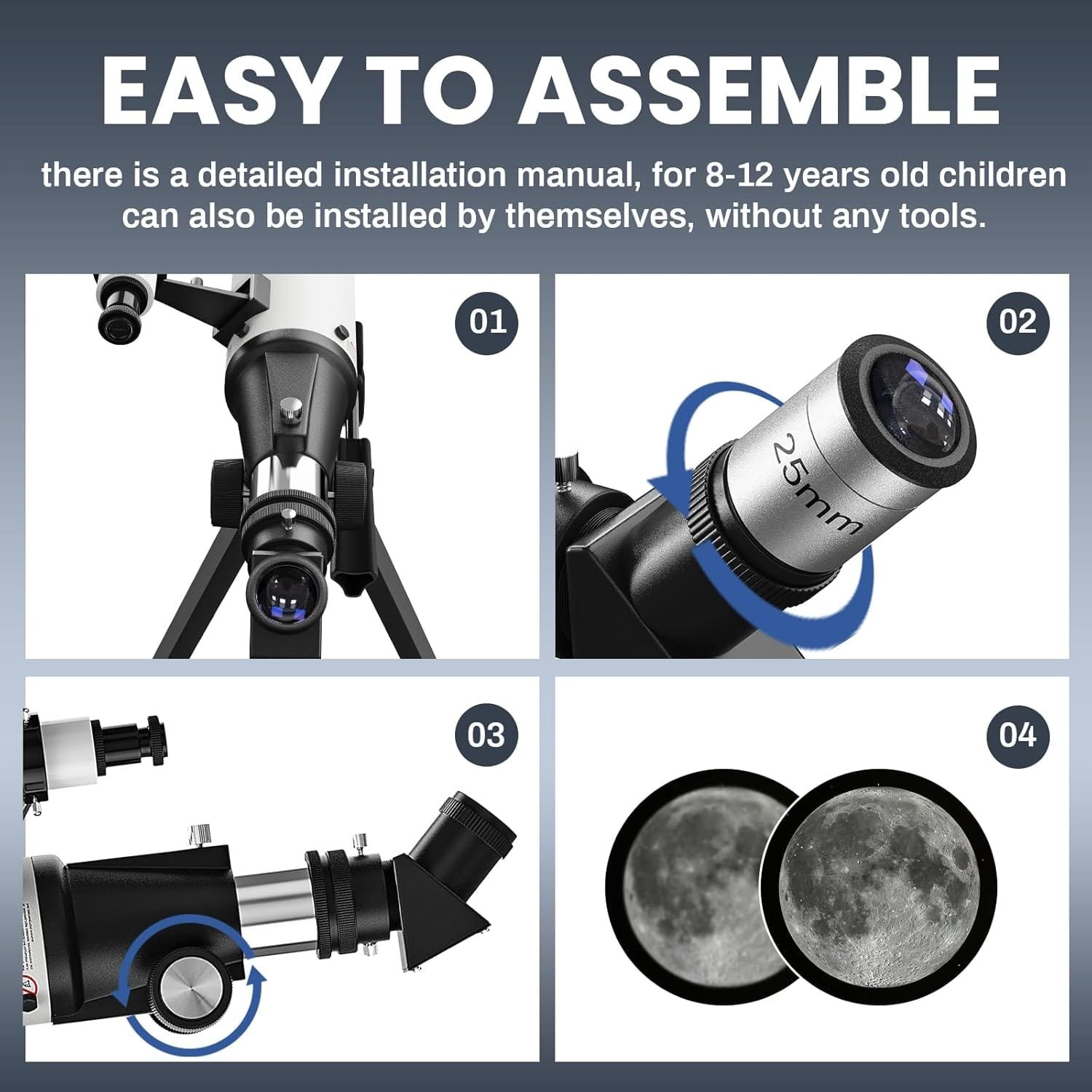 Collage showing parts of a telescope: assembly instructions, lens detail, eyepiece attachment, and different moon views. Text: "EASY TO ASSEMBLE" with assembly instructions for children.